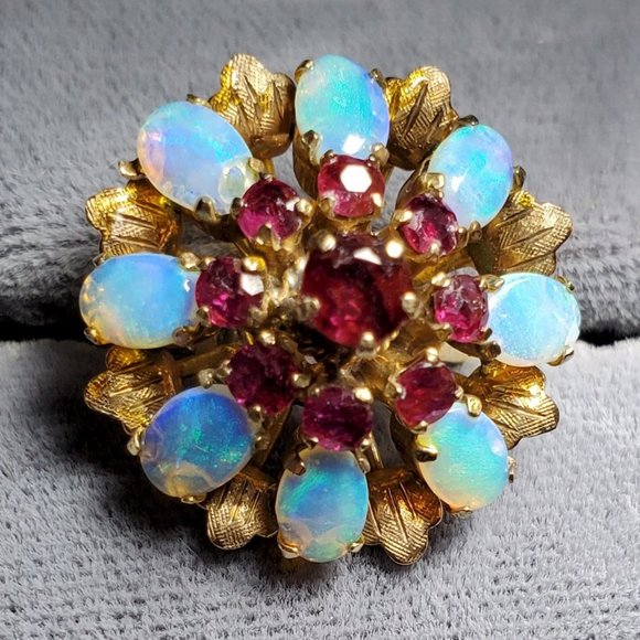 Stunning 14k Gold Opal & Ruby Halo Cluster Ring - Picture 1 of 4